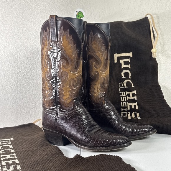 Lucchese Shoes - Lucchese Classics Exotic Brown Cowboy Boots 6.5 B Seared Ring Lizard & Goat Skin